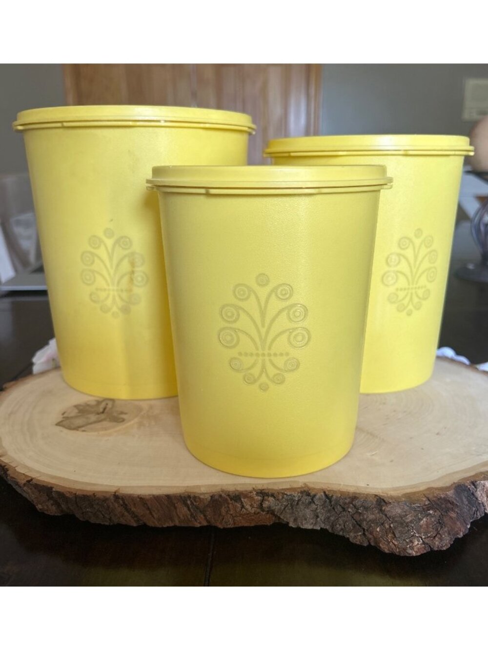 Vintage Tupperware Yellow Canister Set With Seals Embossed Pattern Durable Plast